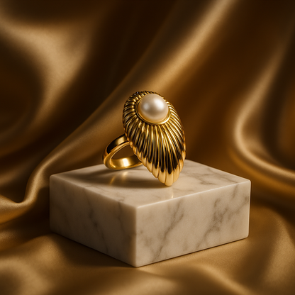 Golden Ribbed Pearl Statement Ring