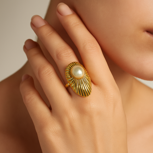 Golden Ribbed Pearl Statement Ring