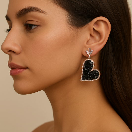 Rose Gold Onyx Heart Dangle Earrings