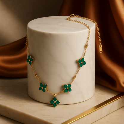 Golden Clover Cascade Necklace with Lucky Malachite Green Charms