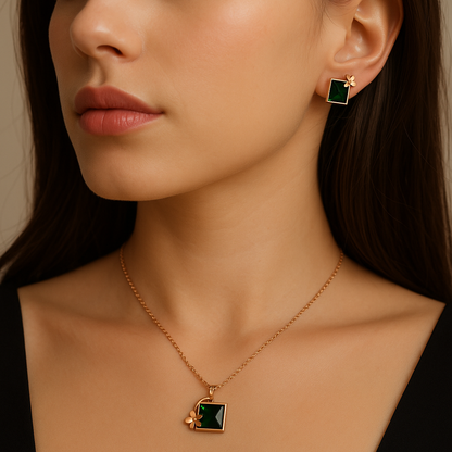 Emerald Square Jewelry Set | Rose Gold Waterproof Anti-Tarnish Necklace & Earrings