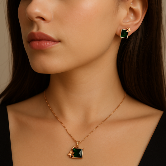 Emerald Square Jewelry Set | Rose Gold Waterproof Anti-Tarnish Necklace & Earrings