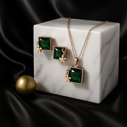 Emerald Square Jewelry Set | Rose Gold Waterproof Anti-Tarnish Necklace & Earrings
