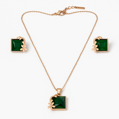 Emerald Square Jewelry Set | Rose Gold Waterproof Anti-Tarnish Necklace & Earrings