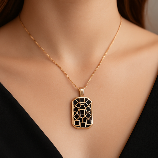 Art Deco Geometric Black Enamel Pendant Necklace