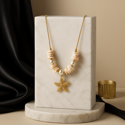 Starfish Shell Pearl Necklace | Waterproof Anti-Tarnish Gold Coastal Jewelry