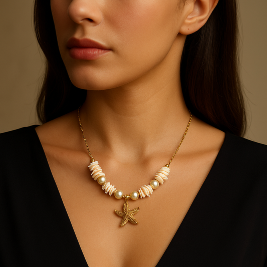 Starfish Shell Pearl Necklace | Waterproof Anti-Tarnish Gold Coastal Jewelry