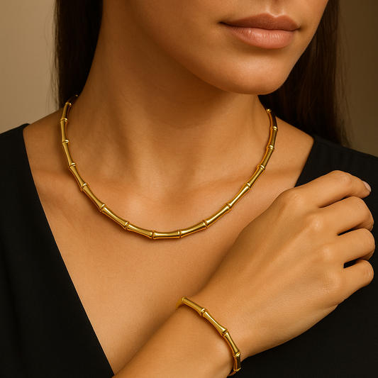 Chunky Bamboo Chain Jewelry Set | Waterproof Anti-Tarnish Gold Necklace & Bracelet