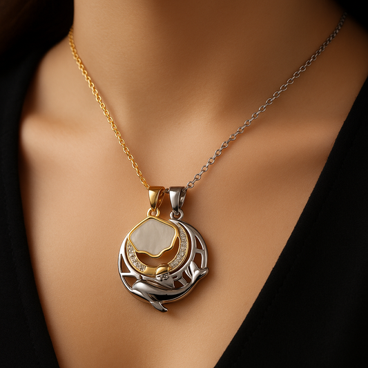 Magnetic Dolphin Moon Necklace Set | Two-Tone Waterproof Anti-Tarnish Couples Pendants