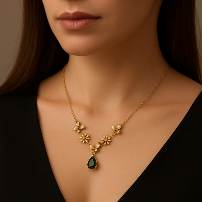 Floral Tear Drop Necklace | Emerald Green Waterproof Anti-Tarnish Gold Pendant