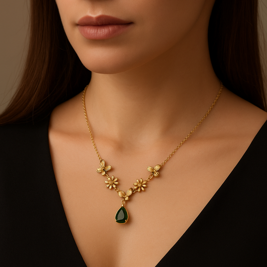 Floral Tear Drop Necklace | Emerald Green Waterproof Anti-Tarnish Gold Pendant