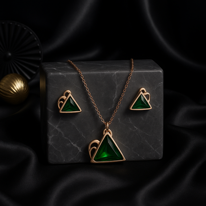 Emerald Green Triangle Jewelry Set | Rose Gold Plated Waterproof Anti-Tarnish
