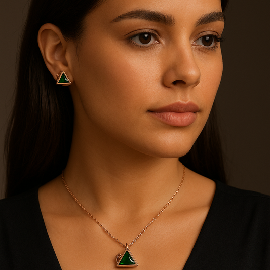 Emerald Green Triangle Jewelry Set | Rose Gold Plated Waterproof Anti-Tarnish