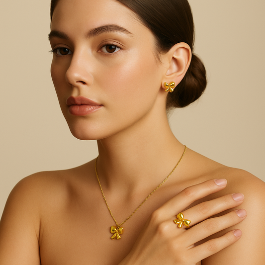 Dainty Bow Jewelry Set | 3-Piece Waterproof Anti-Tarnish Gold Necklace & Earrings