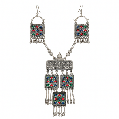 Boho Tribal Multicolor Oxidized Jewellery Set with Square Enamel & Tassels