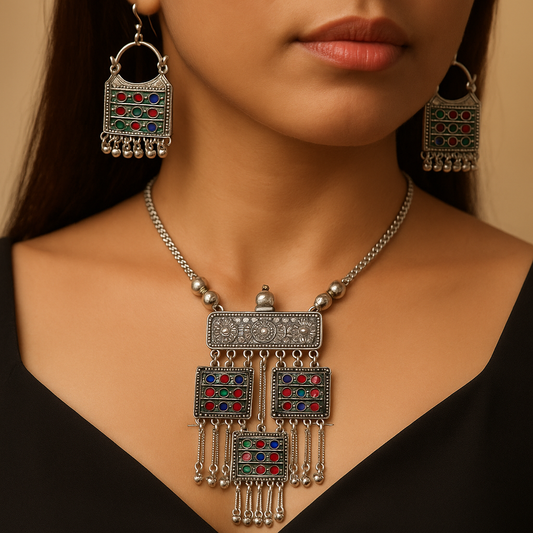 Boho Tribal Multicolor Oxidized Jewellery Set with Square Enamel & Tassels