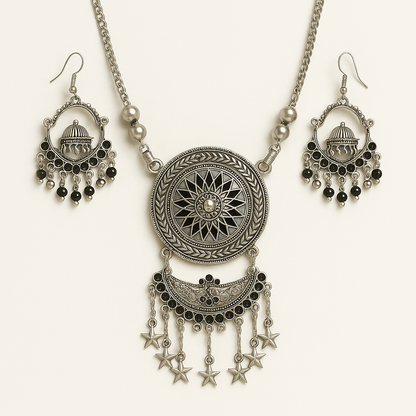 Bohemian Bliss Oxidized Silver Plated Necklace & Earrings Set with Black Beads and Star Charms