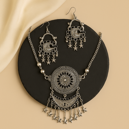 Bohemian Bliss Oxidized Silver Plated Necklace & Earrings Set with Black Beads and Star Charms