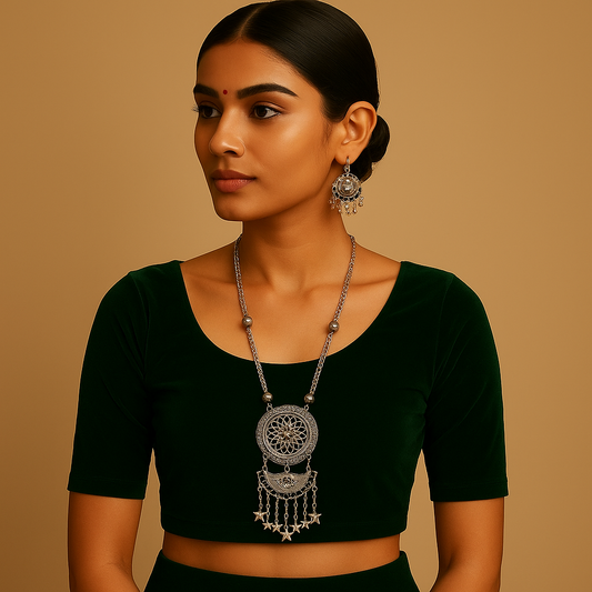 Bohemian Bliss Oxidized Silver Plated Necklace & Earrings Set with Black Beads and Star Charms