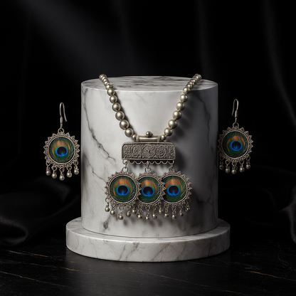 Regal Peacock Oxidized Choker & Earring Set