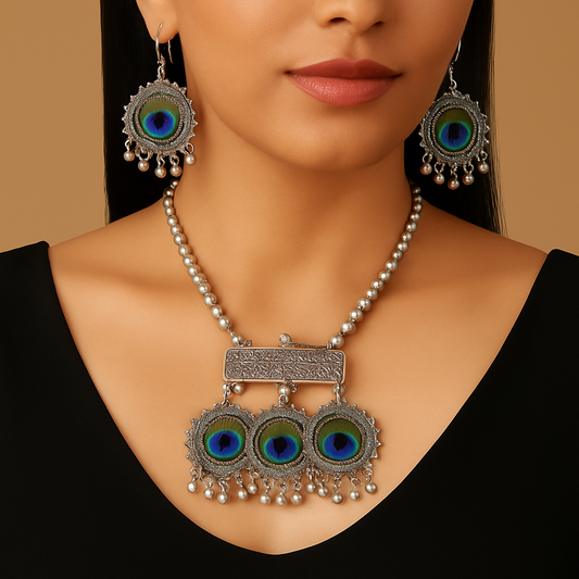 Regal Peacock Oxidized Choker & Earring Set