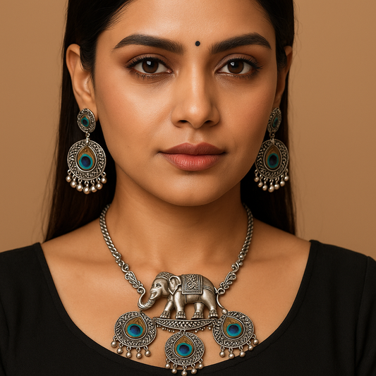 Ethnic Oxidised Silver Elephant & Peacock Motif Necklace Set