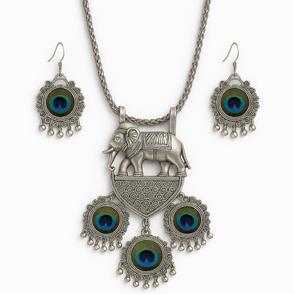 Ethnic Oxidised Silver Elephant & Peacock Motif Necklace Set