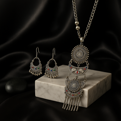 Oxidised Silver Necklace and Earrings Set