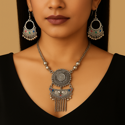 Oxidised Silver Necklace and Earrings Set
