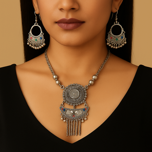 Oxidised Silver Necklace and Earrings Set