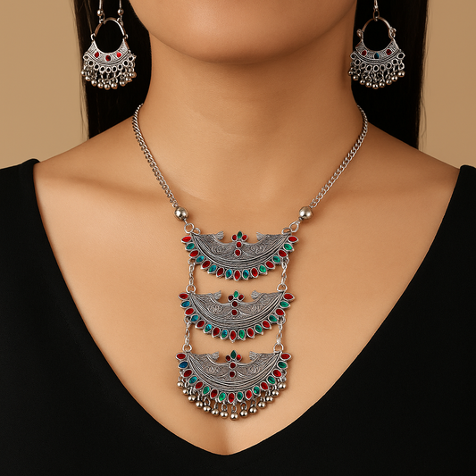 Devi's Delight Oxidized Silver-Look Alike Necklace and Earring Set