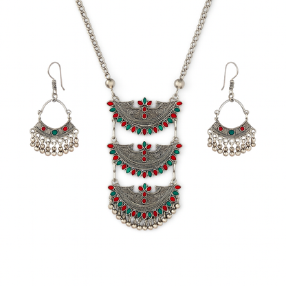 Devi's Delight Oxidized Silver-Look Alike Necklace and Earring Set
