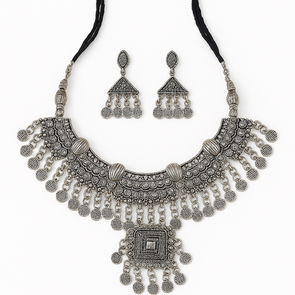 Vintage Boho Oxidized Silver Necklace & Earring Set