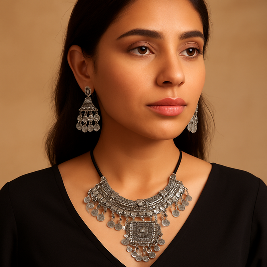 Vintage Boho Oxidized Silver Necklace & Earring Set