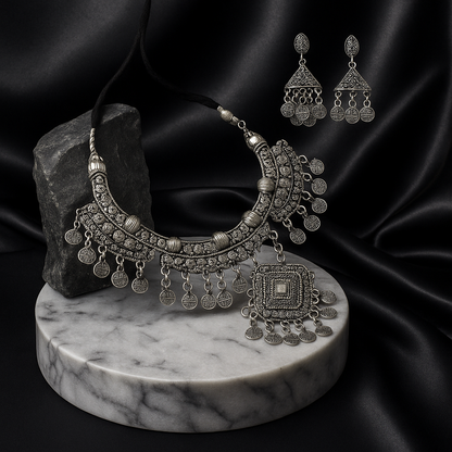 Vintage Boho Oxidized Silver Necklace & Earring Set