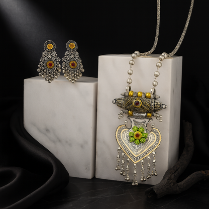 "Aarohi" Oxidized Silver Heart & Floral Pearl Drop Necklace Set