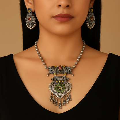 "Aarohi" Oxidized Silver Heart & Floral Pearl Drop Necklace Set