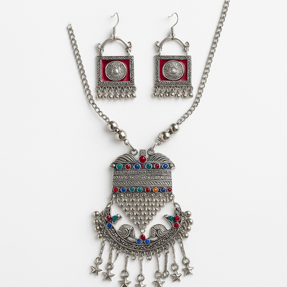 Tribal Charm Oxidized German Silver Necklace Set with Multicolored Stones & Star Drops