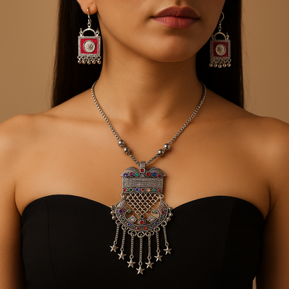 Tribal Charm Oxidized German Silver Necklace Set with Multicolored Stones & Star Drops