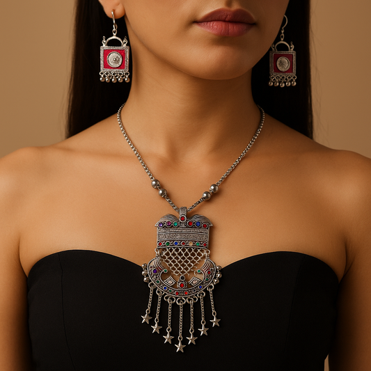 Tribal Charm Oxidized German Silver Necklace Set with Multicolored Stones & Star Drops
