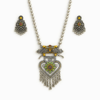 "Aarohi" Oxidized Silver Heart & Floral Pearl Drop Necklace Set
